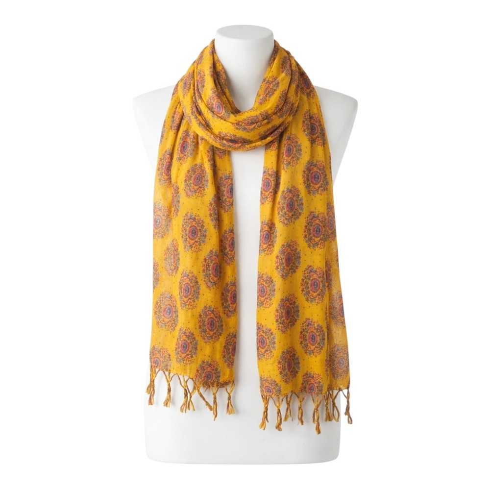 Aerie Yellow Boho Paisley Scarf Tassel Fringe One Size
